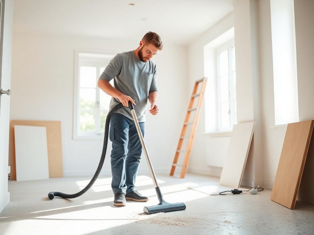 Cleaner vacuuming fine dust in a freshly renovated room