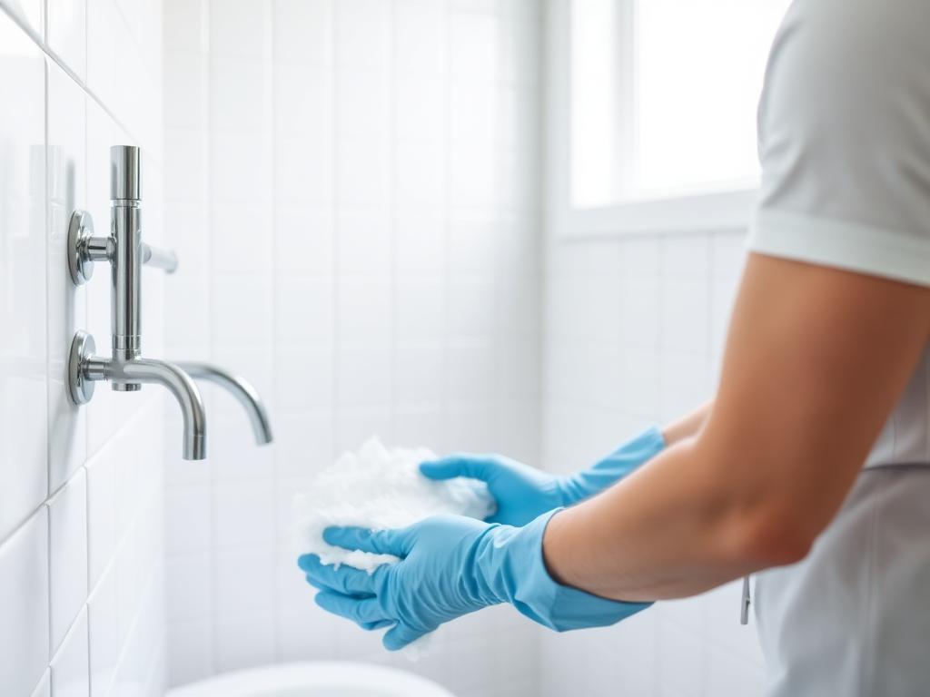Cleaner scrubbing sparkling white bathroom tiles and chrome fittings