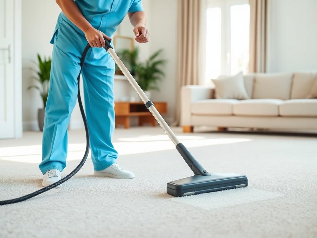Freshwell cleaner refreshing a carpet in a sunlit lounge