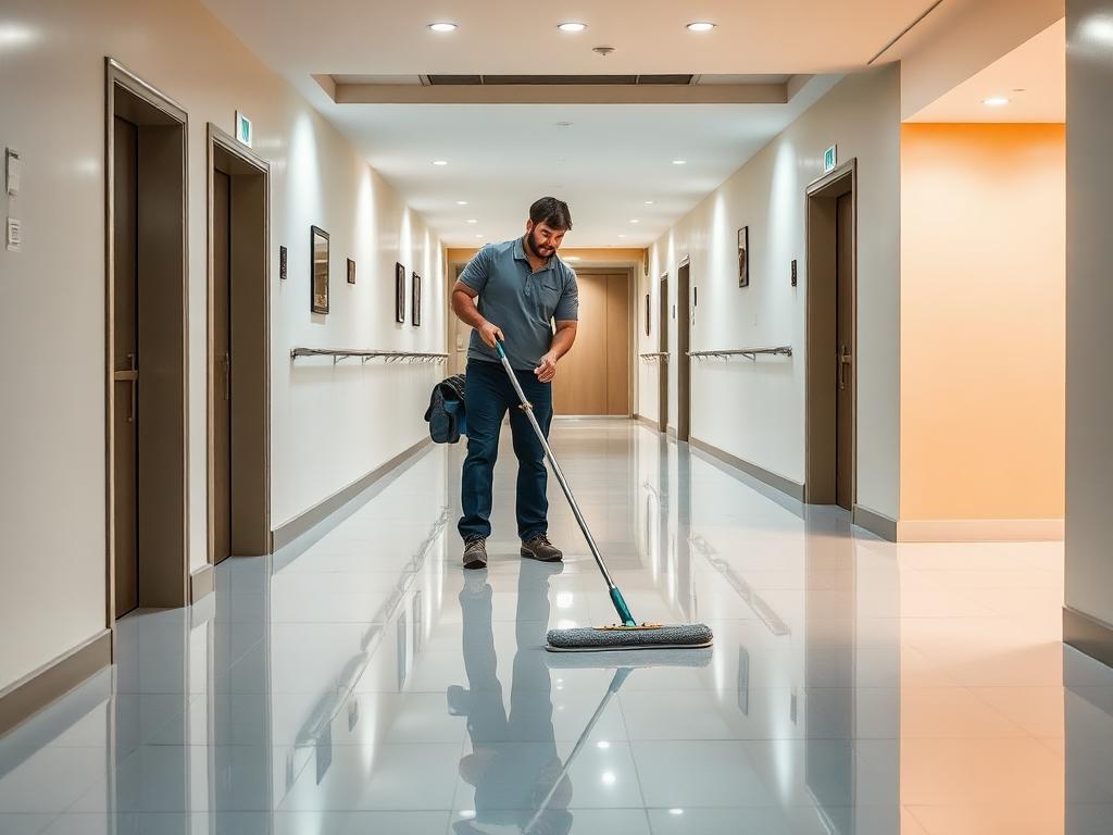Cleaner mopping a bright apartment block communal hallway