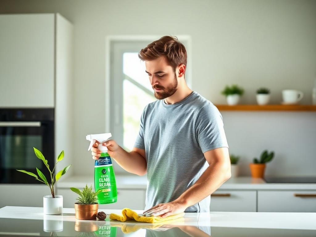 Cleaner using eco-friendly plant-based products in a bright kitchen