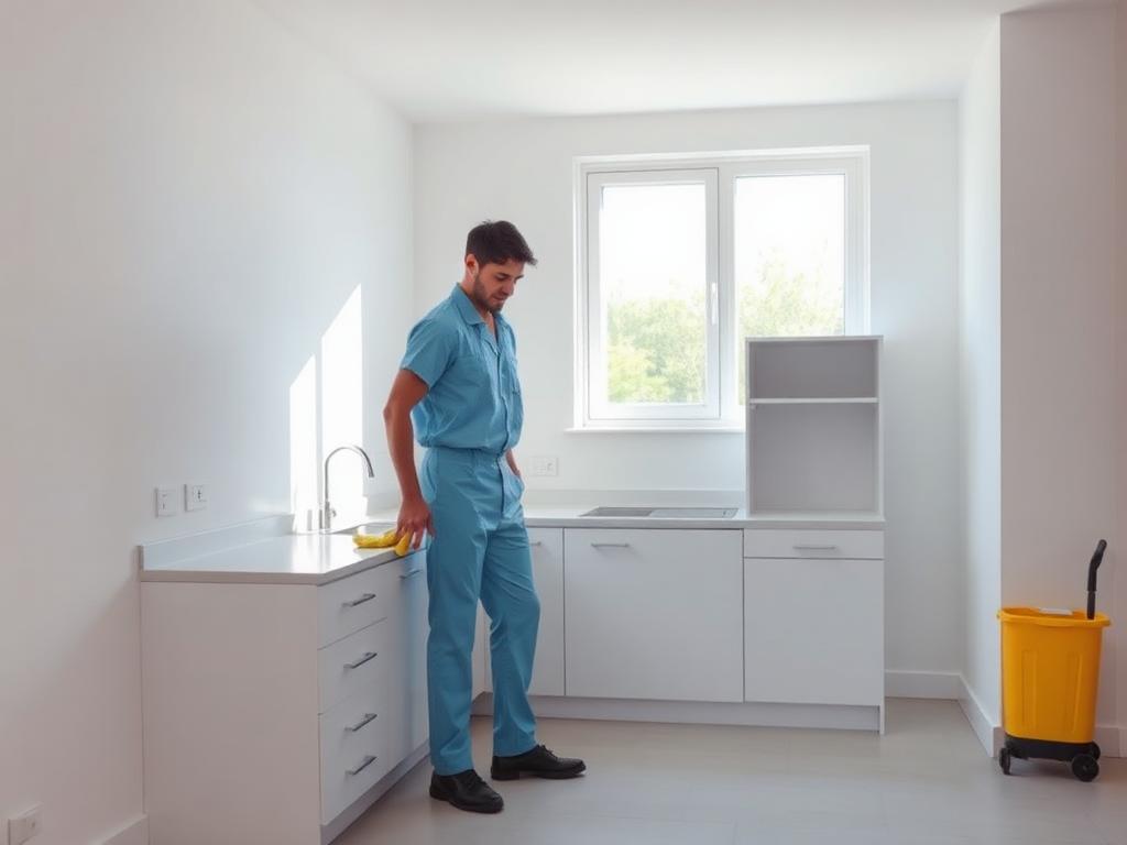 Cleaner wiping a kitchen counter in an empty rental flat at end of tenancy