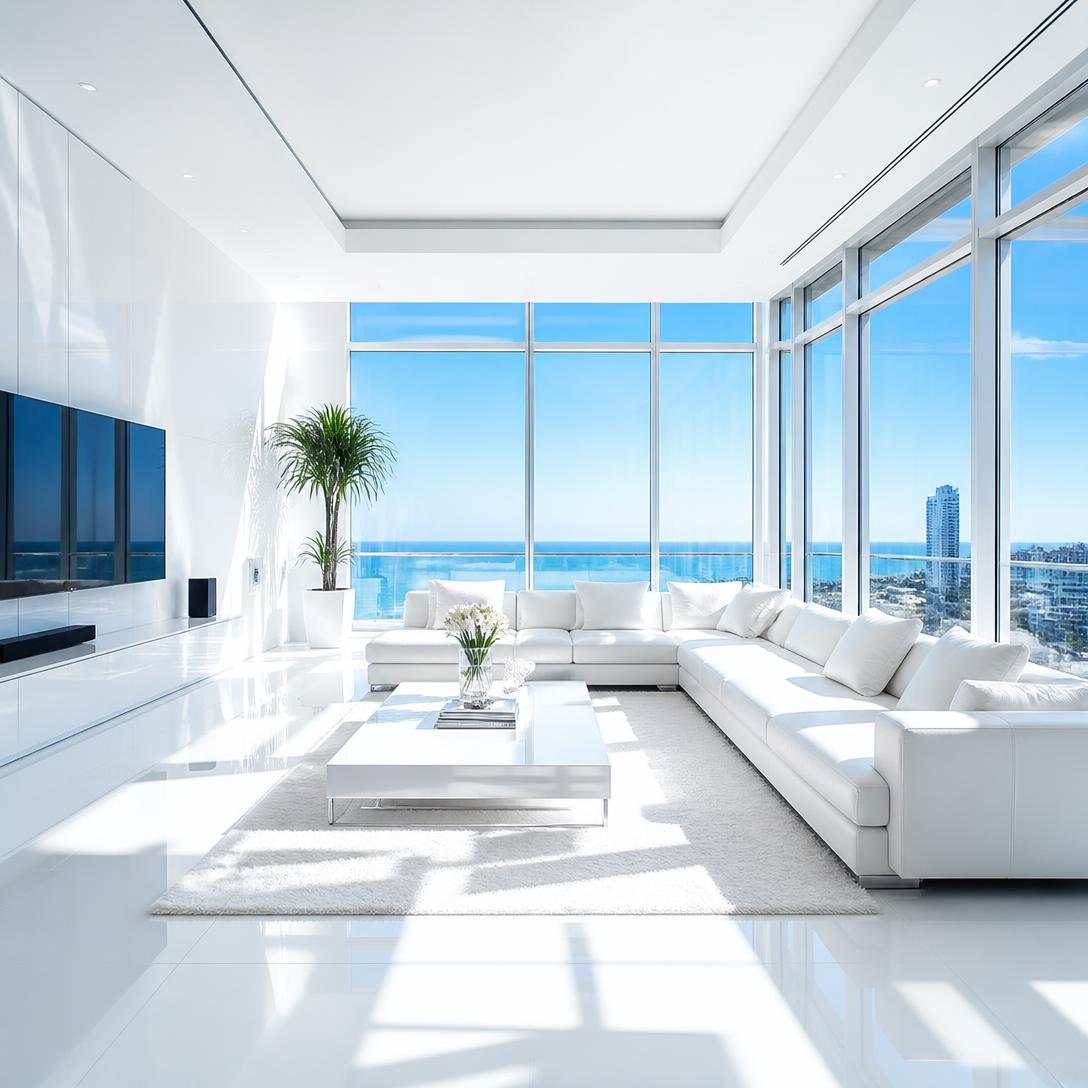 Immaculately clean, bright white living room bathed in morning light