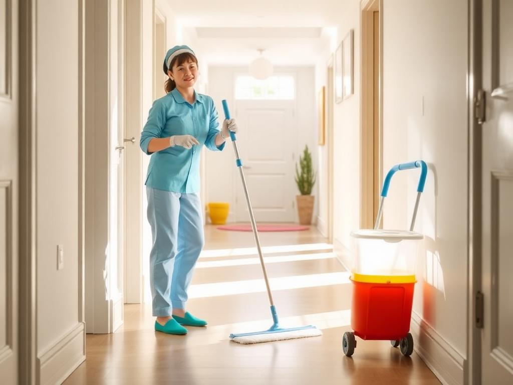 Cleaner dusting a bright, tidy living room on a regular visit