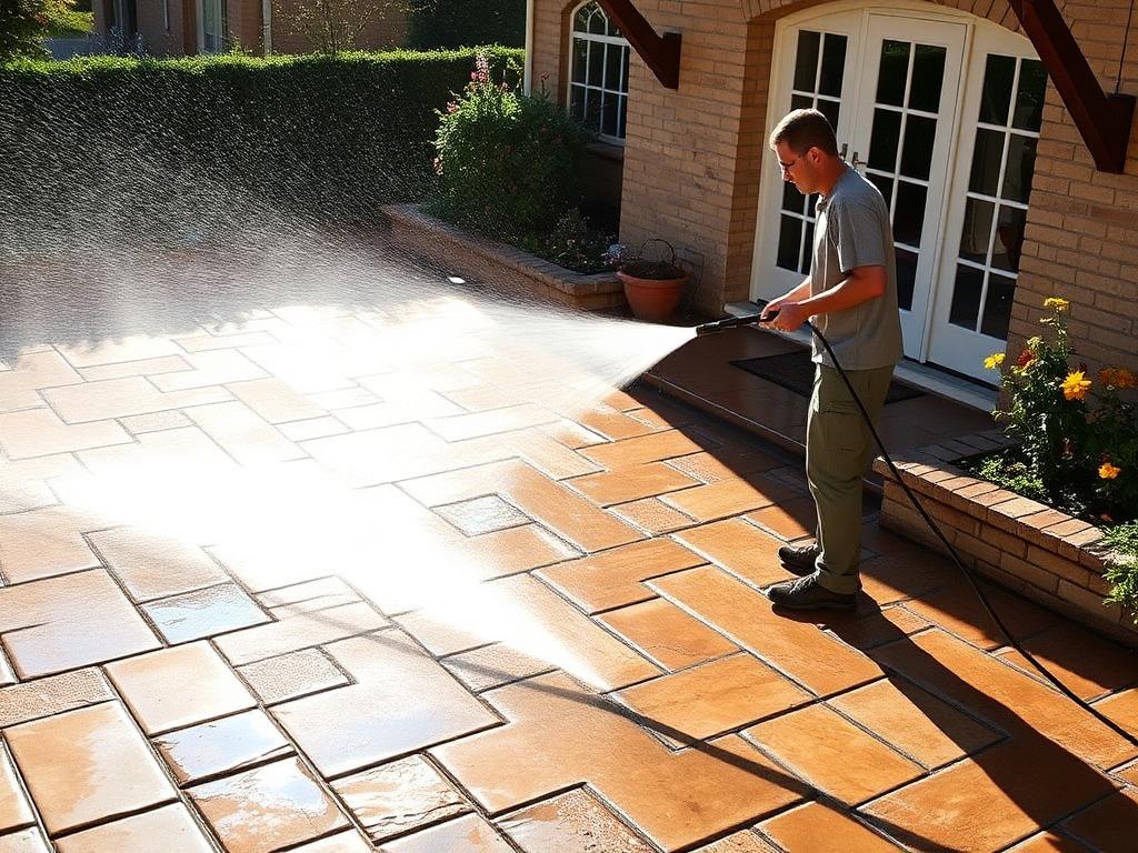 Worker jet washing a stone patio back to its original colour