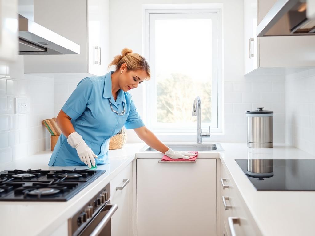 Cleaner polishing a spotless white kitchen