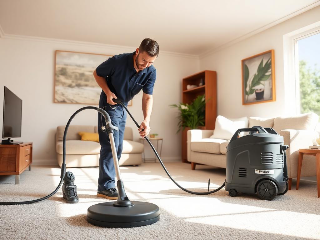 Cleaner running a hot-water extraction machine over a carpet