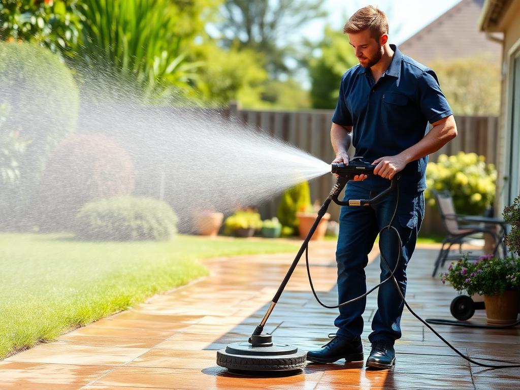 Freshwell cleaner jet washing a garden patio and driveway