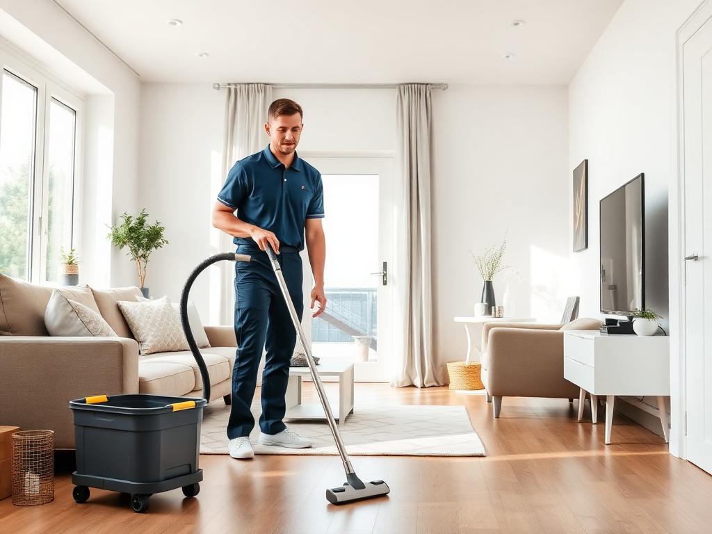 Professional cleaner deep cleaning a bright home interior