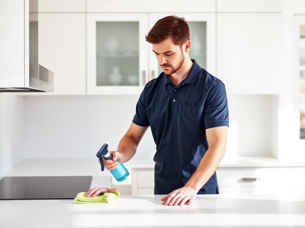 Freshwell cleaner wiping down a spotless white kitchen worktop