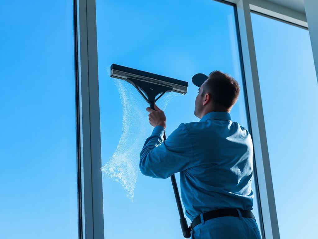 Cleaner squeegeeing a large window until streak free